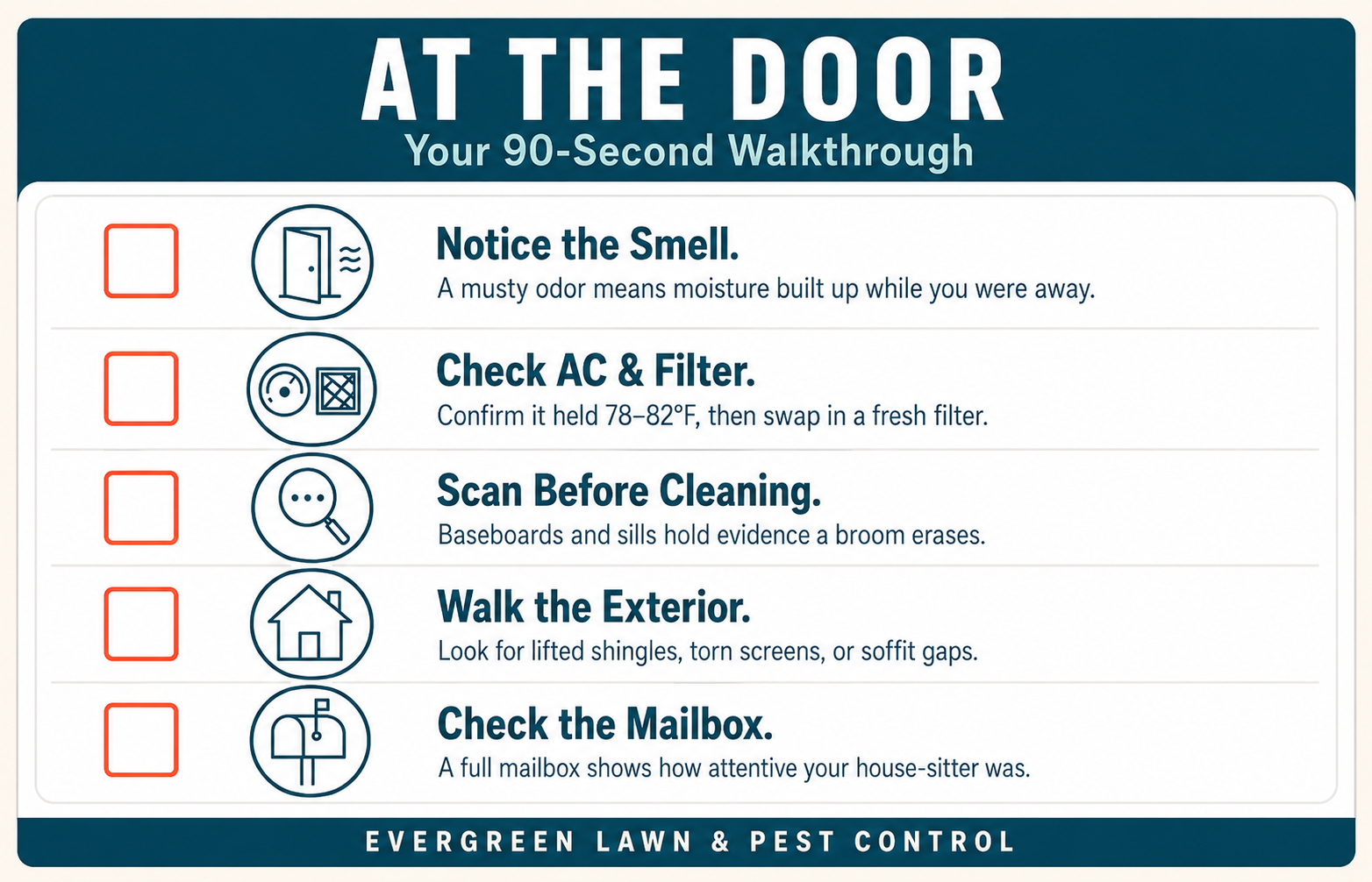 Bradenton snowbird pest control checklist for checking smells, AC, and storm damage at the front door